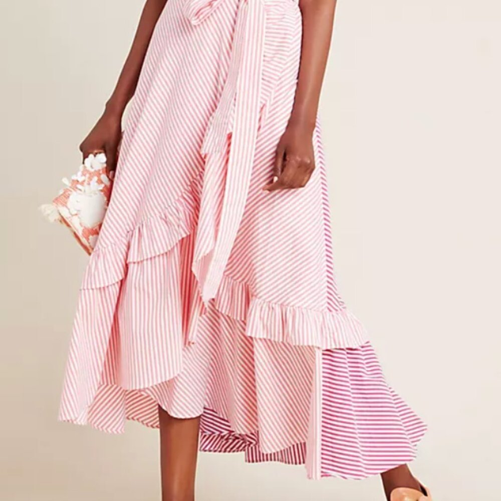 Anthropologie Maeve Pink White Striped Penny Ruffle Midi Skirt (size Large)